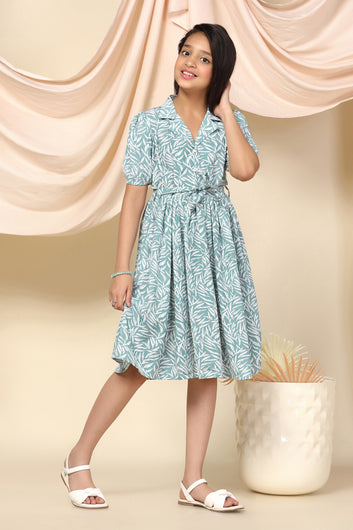 Girls Sea Green BSY Leaf Printed Fit And Flare Knee Length Dress