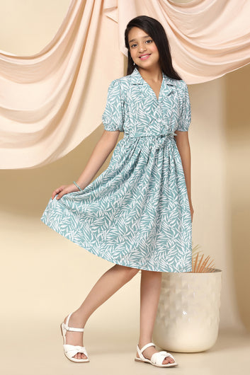 Girls Sea Green BSY Leaf Printed Fit And Flare Knee Length Dress