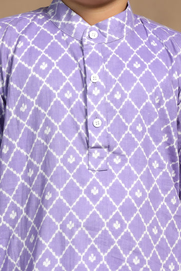 Boys Purple Cotton Printed Straight Kurta With Payjama Set