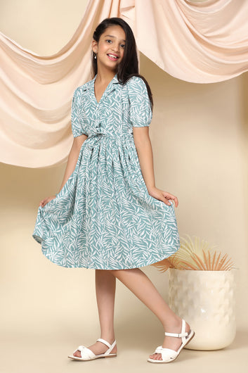 Girls Sea Green BSY Leaf Printed Fit And Flare Knee Length Dress