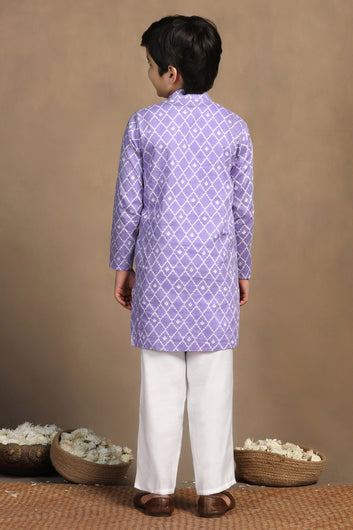 Boys Purple Cotton Printed Straight Kurta With Payjama Set