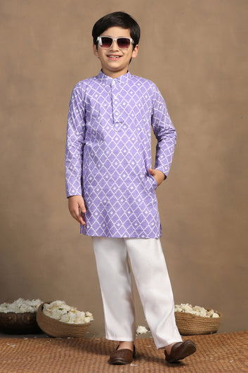 Boys Purple Cotton Printed Straight Kurta With Payjama Set