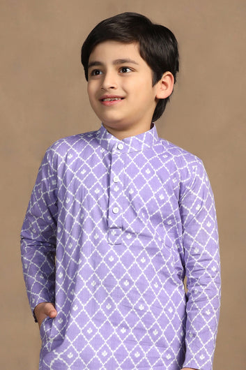 Boys Purple Cotton Printed Straight Kurta With Payjama Set