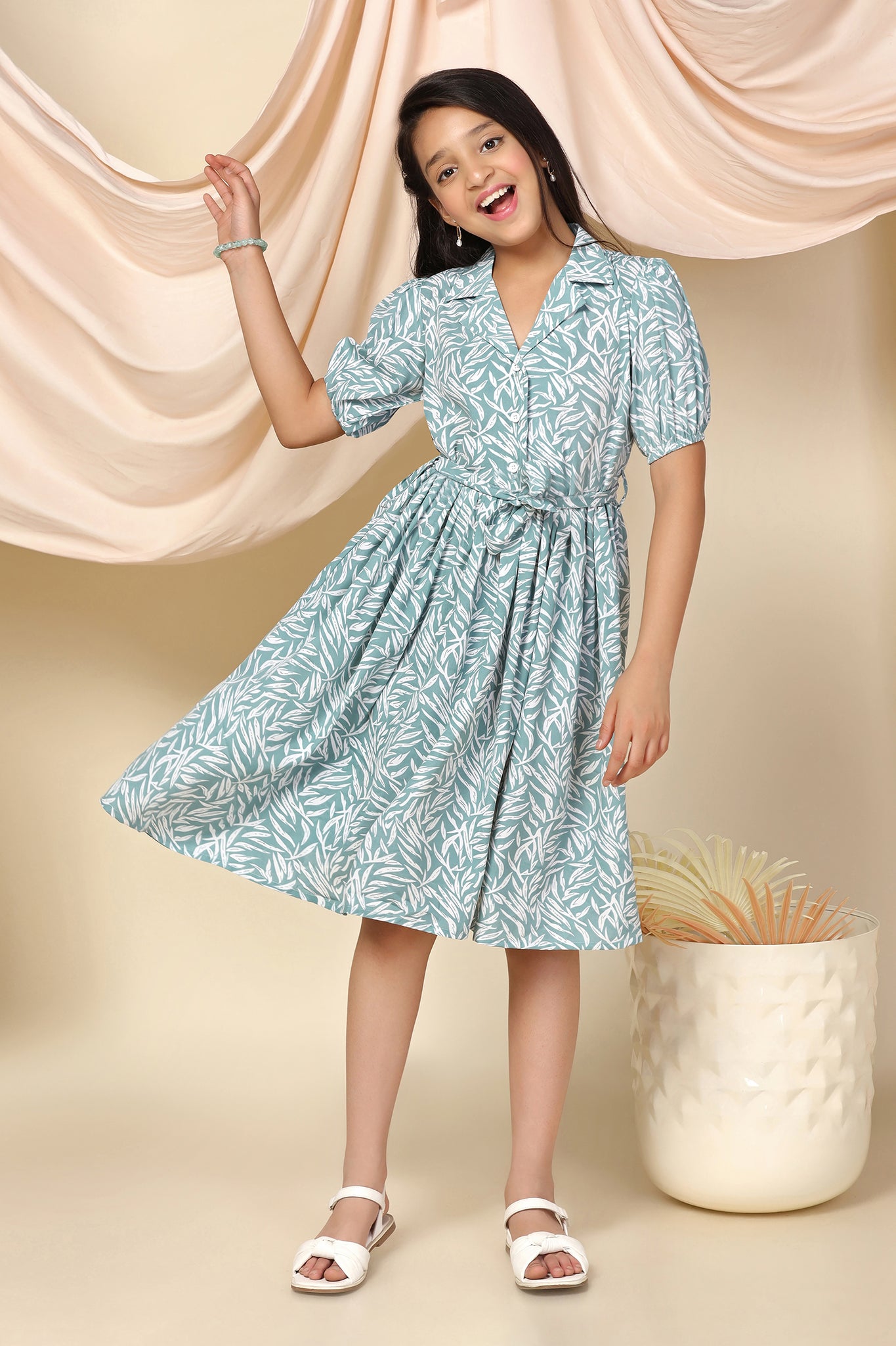 Girls Sea Green BSY Leaf Printed Fit And Flare Knee Length Dress