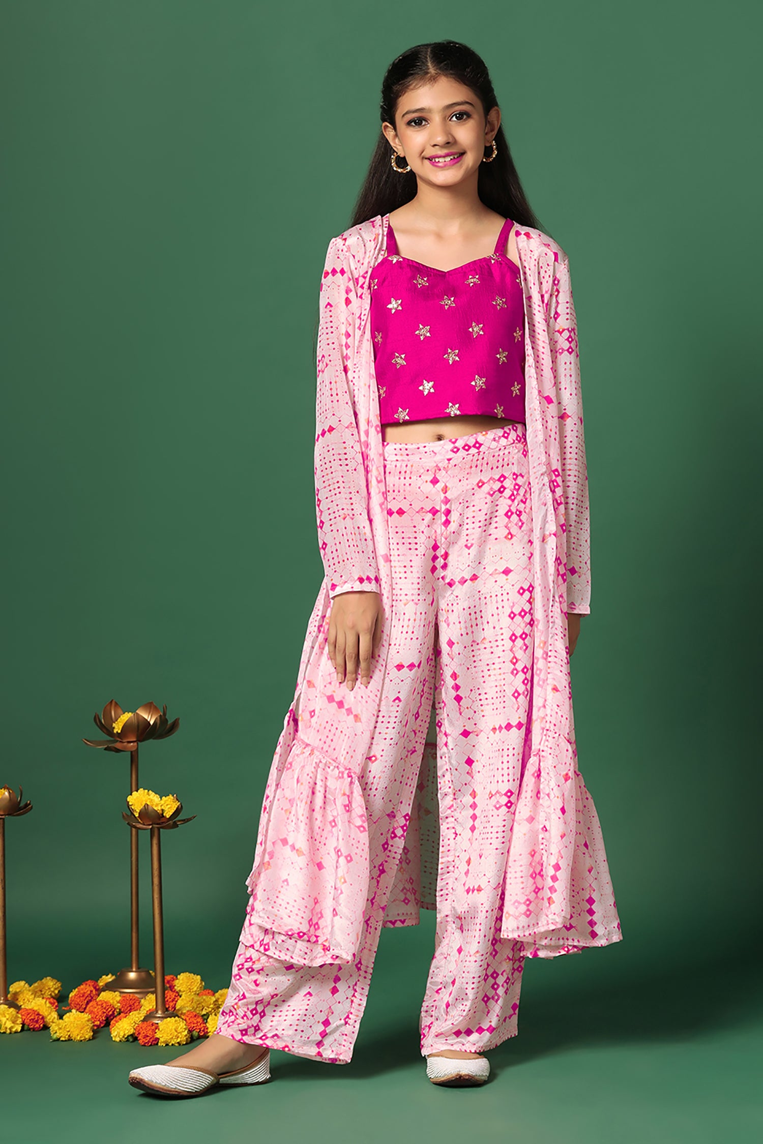 YELLOW & PINK DESIGNER PRINTED SILK SHRUG KOTI WITH TOP AND PALAZZO CO-ORDS  INDO WESTERN SUIT - SHUBHKALA - 4138675