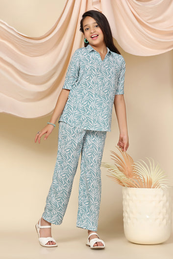 Girls Sea Green BSY Polyester All-Over Printed Top With Pant Set
