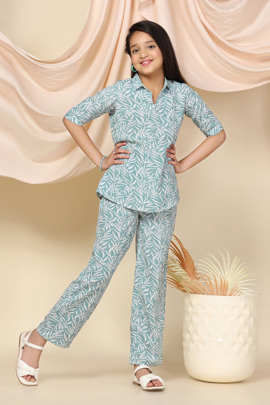 Girls Sea Green BSY Polyester All-Over Printed Top With Pant Set