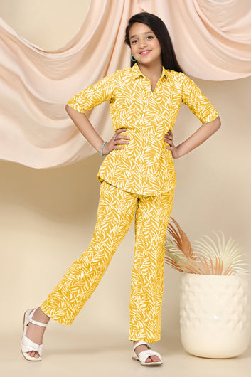 Girls Yellow Cotton Blend Leaf Printed Top With Trouser Set