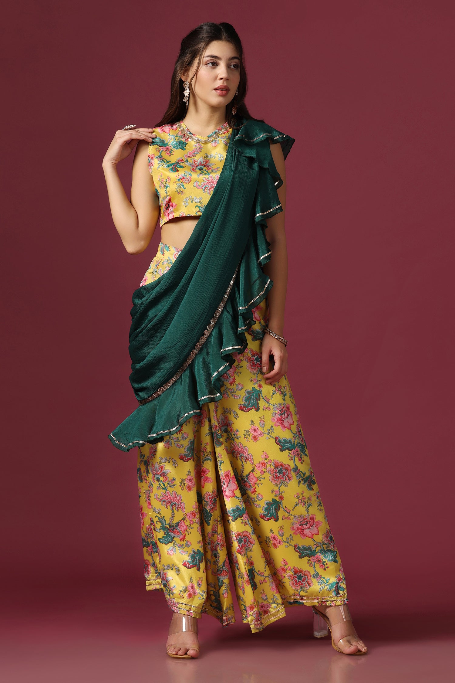 INDYA X PAYAL SINGHAL Women Green Solid Dhoti Pants With Attached Dupatta -  Absolutely Desi