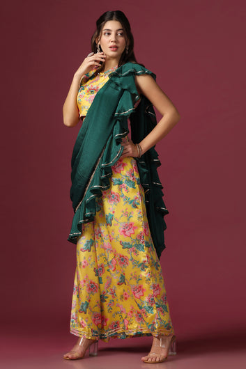 Women’s Yellow Crop Top And Palazzo Set With Attached Dupatta