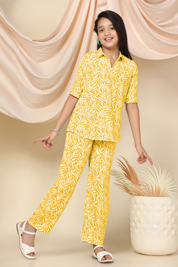 Girls Yellow Cotton Blend Leaf Printed Top With Trouser Set