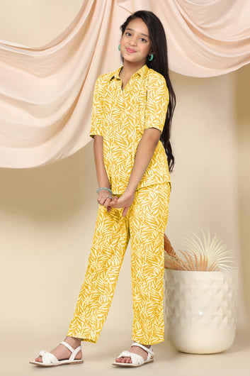 Girls Yellow Cotton Blend Leaf Printed Top With Trouser Set