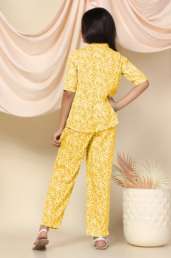 Girls Yellow Cotton Blend Leaf Printed Top With Trouser Set