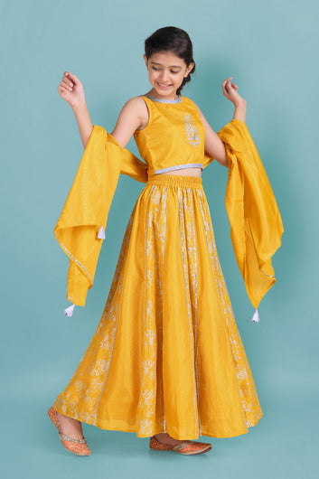 Girls Yellow Kota Doria Foil Printed Readymade Lehenga Choli and Dupatta Set