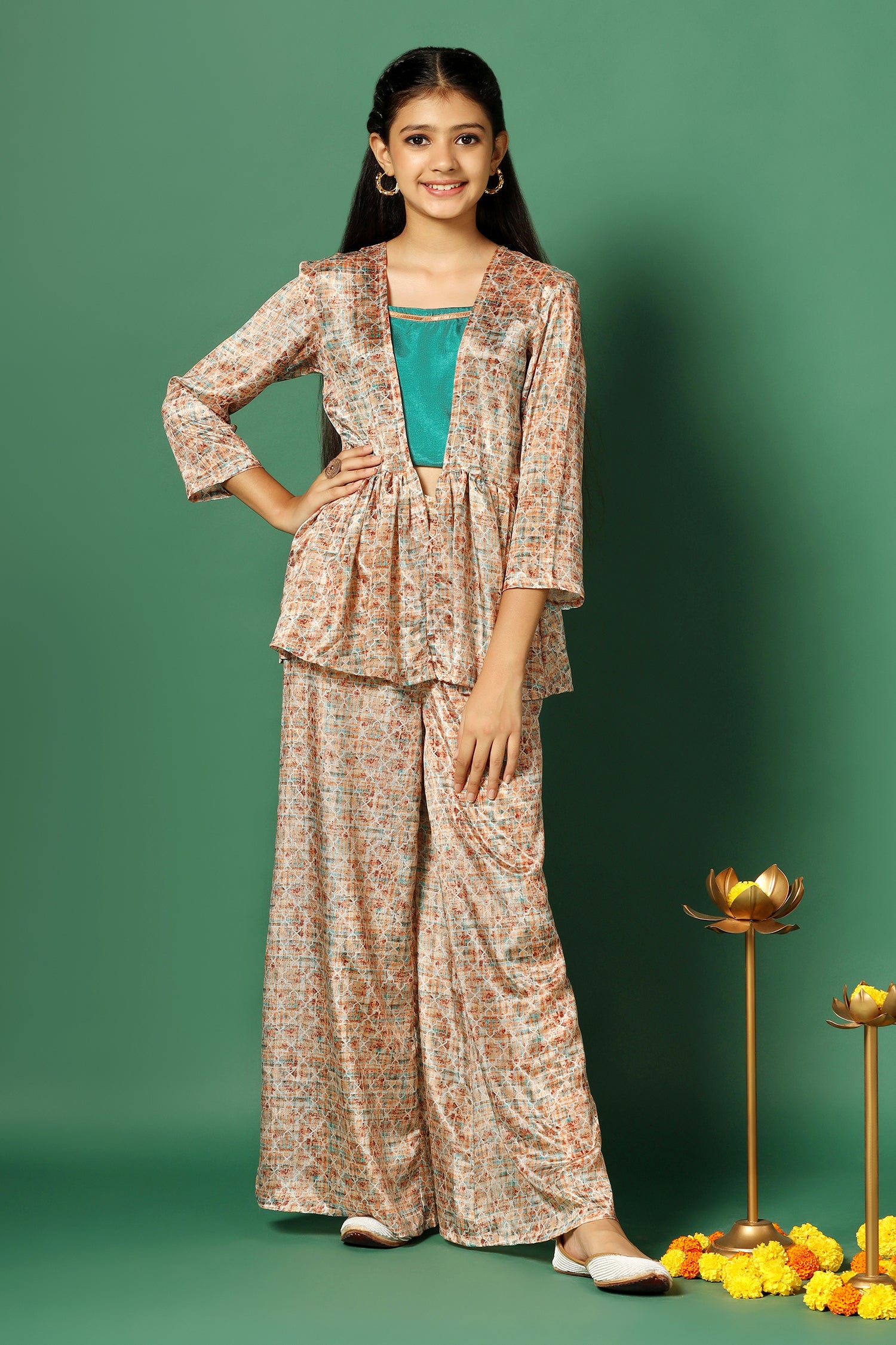 Buy Yellow Palazzo Suit With Mirror Work And Shrug
