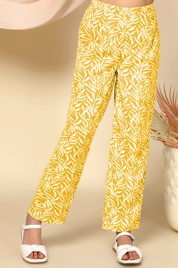 Girls Yellow Cotton Blend Leaf Printed Top With Trouser Set