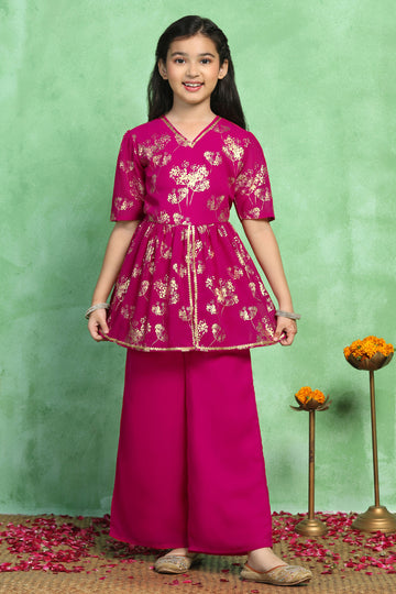 Girls Rani Georgette Printed Peplum Style Kurta With Palazzo Set