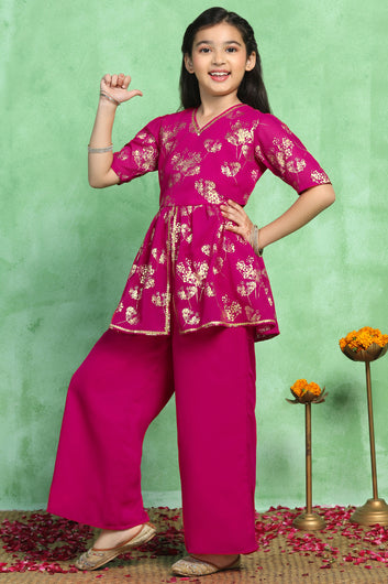 Girls Rani Georgette Printed Peplum Style Kurta With Palazzo Set