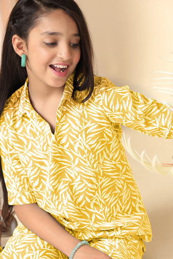 Girls Yellow Cotton Blend Leaf Printed Top With Trouser Set