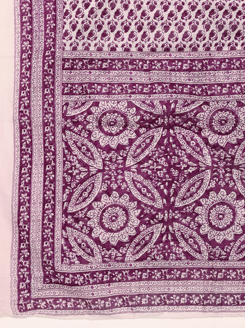 Womens Purple Cotton Floral Printed Calf Length Kurta And Pant With Dupatta Set