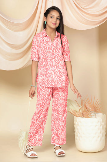 Girls Peach Cotton Blend Leaf Printed Top With Trouser Set