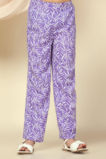 Girls Purple BSY Polyester All-Over Printed Top With Pant Set