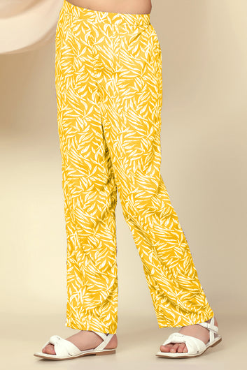 Girls Yellow Cotton Blend Leaf Printed Top With Trouser Set