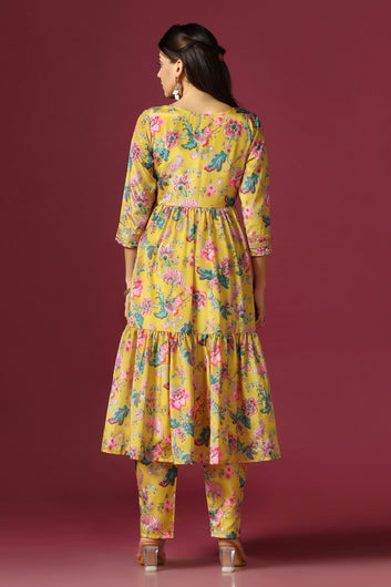 Women’s Mustard Floral Printed Tiered Kurta With Pant Set