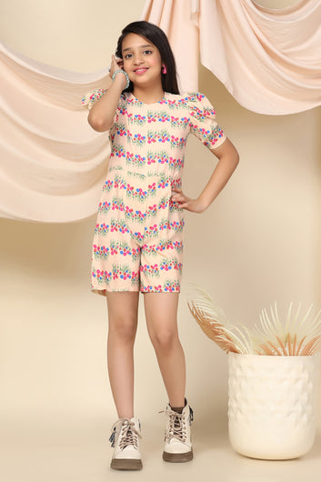 Girls Cream Polyester Floral Printed Above Knee Length Romper