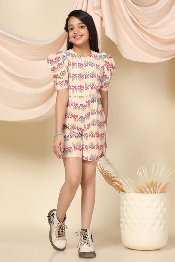 Girls Cream Polyester Floral Printed Above Knee Length Romper