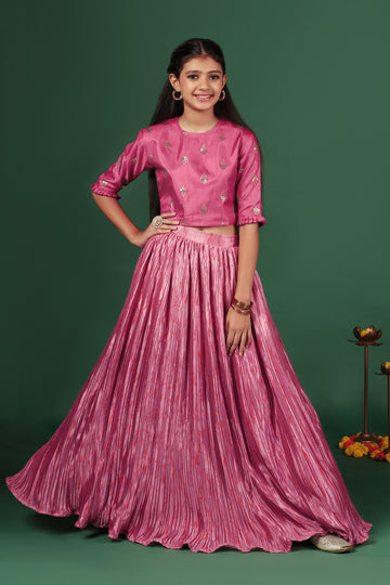 Girls Pink Chinon Embroidered Lehenga Choli Set