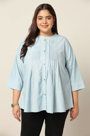 Women's Plus Size Cotton Blue Stripe Printed Top