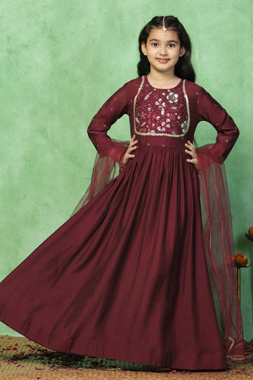 Girls Wine Chanderi Embroidered Empire Waist Maxi Length Dress With Dupatta Set