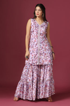 Women’s Lavender Floral Printed Kurta With Sharara Set