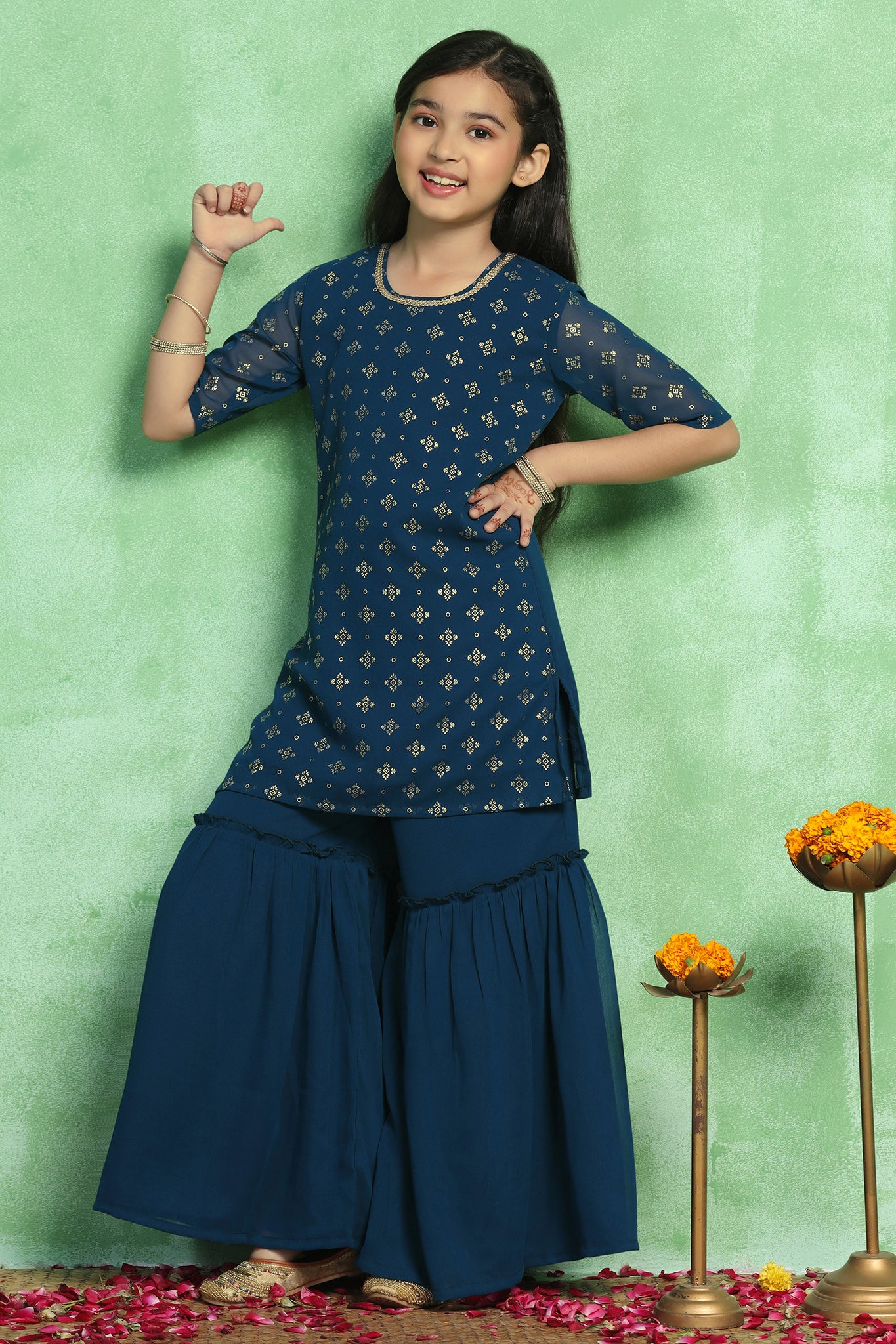 Girls Teal Georgette Printed Kurta With Sharara Set