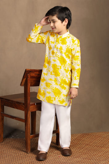 Boys Yellow Cotton Blend ColorBlocks Straight Kurta With Payjama Set