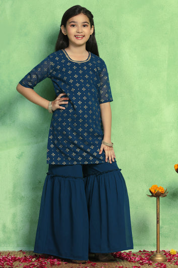 Girls Teal Georgette Printed Kurta With Sharara Set