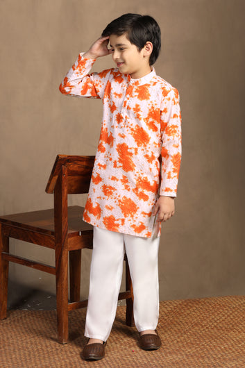 Boys Orange Cotton Blend Printed Straight Kurta With Payjama Set