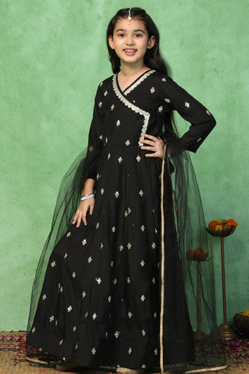 Girls Black Chanderi Silk Embroidered Maxi Dress With Dupatta