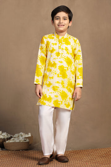 Boys Yellow Cotton Blend ColorBlocks Straight Kurta With Payjama Set