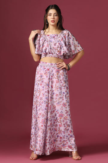 Women's Lavender Floral Printed Chinon Crop Top And Palazzo Set