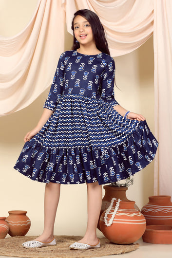 Girls Blue Slub Floral Printed Knee Length Dress