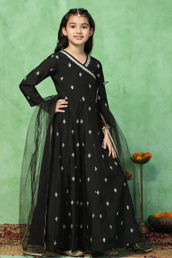 Girls Black Chanderi Silk Embroidered Maxi Dress With Dupatta