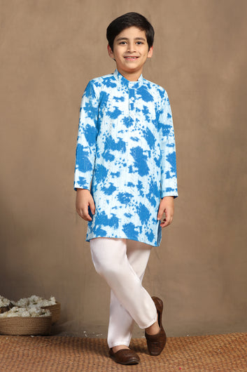 Boys Sky Blue Cotton Blend Printed Straight Kurta With Payjama Set