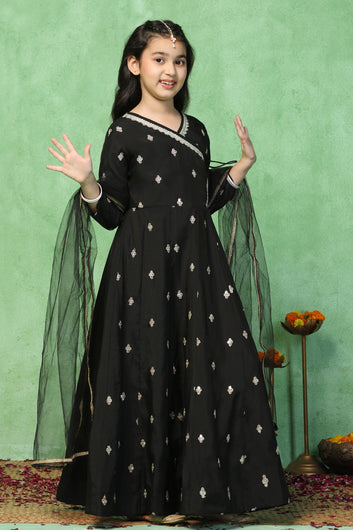 Girls Black Chanderi Silk Embroidered Maxi Dress With Dupatta