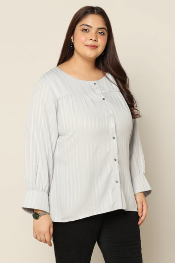Women's Plus Size Grey Striped Cuff Sleeve Top