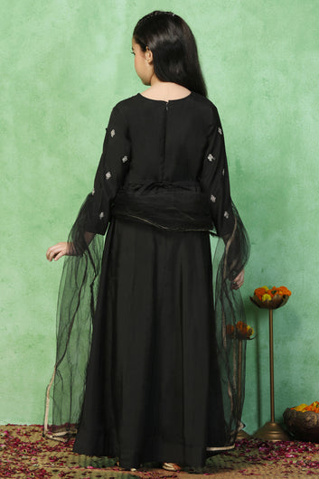 Girls Black Chanderi Silk Embroidered Maxi Dress With Dupatta