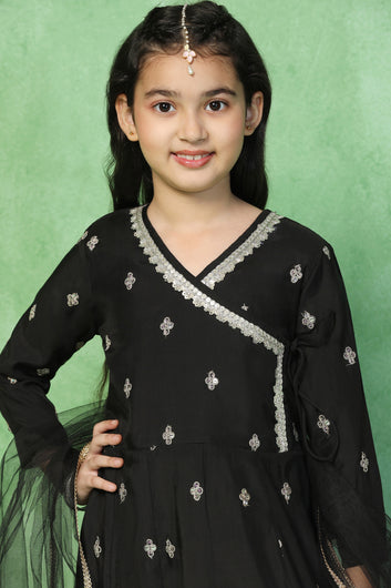Girls Black Chanderi Silk Embroidered Maxi Dress With Dupatta