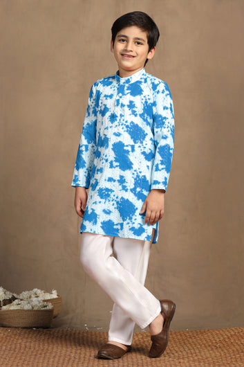 Boys Sky Blue Cotton Blend Printed Straight Kurta With Payjama Set