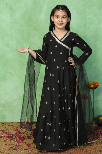 Girls Black Chanderi Silk Embroidered Maxi Dress With Dupatta